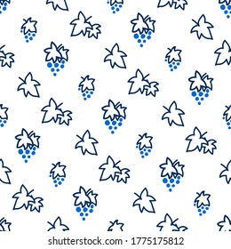 Patrón sin foco con uvas en colores azul y blanco. Patrón oscuro sobre un fondo claro con doodles para imprimir sobre tejidos, papel, embalaje. Ilustración del vector
