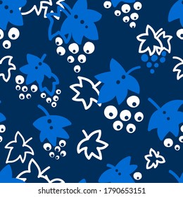 Seamless pattern with grapes in blue and white colors. Light pattern on a dark background with doodles for printing on fabrics, paper, packaging. Vector illustration