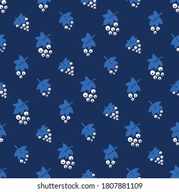 Patrón sin foco con uvas en colores azul y blanco. Patrón luminoso sobre un fondo oscuro con doodles para imprimir sobre telas, papel, embalaje. Ilustración del vector