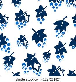 Seamless pattern with grapes in blue and white colors. Dark pattern on a light background with doodles for printing on fabrics, paper, packaging. Vector illustration