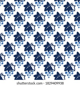 Seamless pattern with grapes in blue and white colors. Dark pattern on a light background with doodles for printing on fabrics, paper, packaging. Vector illustration