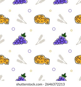 Seamless pattern with grapes, cheese and wheat on a white background. Doodle style ornament for printing on fabric, textile and wrapping for autumn festival, harvest, advertising of farm products