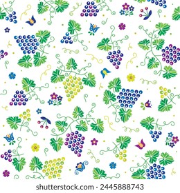 Seamless pattern with grapes and floral ornaments, inspired by Moravian folklore style.