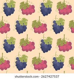 Padrão sem emenda com uvas. Coelhinhos de uva, coroas. Uvas vermelhas e azuis. Padrão vetorial com frutos de videira.