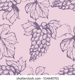 Seamless Pattern With Grapes. Hand Drawn Vector Illustration.Grape Vine Hand Draw Sketch. Vintage Style Food Design Background With Grapes And Leaves Pattern.