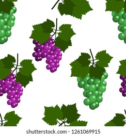 Seamless pattern with Grapes and leaves. Flat Design Vector Illustration