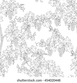 Seamless pattern with grapes. Monochrome  branches with leaves and bunches of grape.