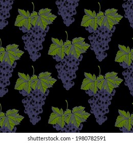 Seamless pattern of grapes on a black background. A bunch of grapes with leaves. Vector illustration