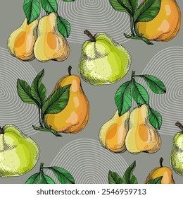 Seamless Pattern with grapes and pear. Color sketch style hand drawn background. Detailed illustration, hand drawn. Great for fabric and textile, prints, invitation, packaging