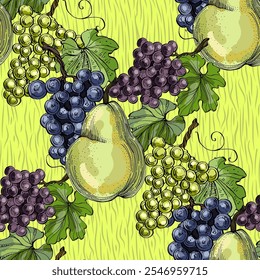 Seamless Pattern with grapes and pear. Color sketch style hand drawn background. Detailed illustration, hand drawn. Great for fabric and textile, prints, invitation, packaging