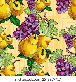 Seamless Pattern with grapes and pear. Color sketch style hand drawn background. Detailed illustration, hand drawn. Great for fabric and textile, prints, invitation, packaging