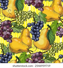 Seamless Pattern with grapes and pear. Color sketch style hand drawn background. Detailed illustration, hand drawn. Great for fabric and textile, prints, invitation, packaging
