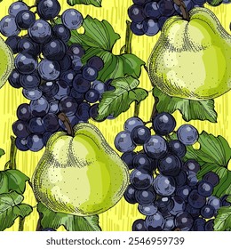Seamless Pattern with grapes and pear. Color sketch style hand drawn background. Detailed illustration, hand drawn. Great for fabric and textile, prints, invitation, packaging