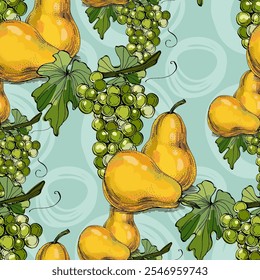 Seamless Pattern with grapes and pear. Color sketch style hand drawn background. Detailed illustration, hand drawn. Great for fabric and textile, prints, invitation, packaging
