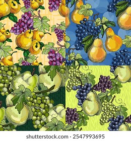 Patrón sin fisuras con uvas y pera. Estilo de boceto de color dibujado a mano de fondo. Ilustración detallada, dibujado a mano. Grande para la tela y la materia textil, impresiones, invitación, empaquetado