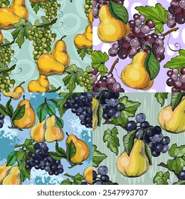 Padrão sem costura com uvas e pera. Fundo desenhado à mão estilo de esboço de cor. Ilustração detalhada, desenhada à mão. Ótimo para tecido e têxtil, estampas, convite, embalagem