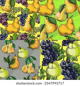 Patrón sin fisuras con uvas y pera. Estilo de boceto de color dibujado a mano de fondo. Ilustración detallada, dibujado a mano. Grande para la tela y la materia textil, impresiones, invitación, empaquetado