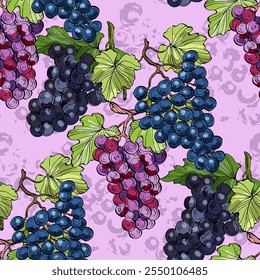 Seamless Pattern with grapes and pear. Color sketch style hand drawn background. Detailed illustration, hand drawn. Great for fabric and textile, prints, invitation, packaging
