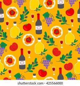 Seamless pattern with grapes, red wine, olive branch, tomato, olive oil and pasta plate, Perfect for wallpaper, pattern fills, web page background, Italian kitchen, food background, restaurant menu