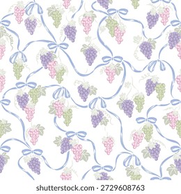 Seamless pattern of grapes and ribbon for decoration and textile. You can edit shape and background