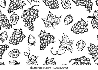 Patrón de uvas y fresas sin foco, vector monocromo