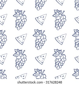 Seamless pattern with grapes and watermelon, hand-drawn. Vector background with fruits for your design.