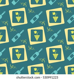 Seamless pattern with grapes and wine bottles. Nice background in vintage style for decoration or packaging design. Easy to print on fabric and paper. Stock vector.
