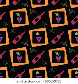Seamless pattern with grapes and wine bottles. Nice background in vintage style for decoration or packaging design. Easy to print on fabric and paper. Stock vector.