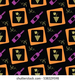 Seamless pattern with grapes and wine bottles. Nice background in vintage style for decoration or packaging design. Easy to print on fabric and paper. Stock vector.