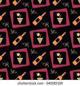 Seamless pattern with grapes and wine bottles. Nice background in vintage style for decoration or packaging design. Easy to print on fabric and paper. Stock vector.