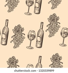 Seamless pattern with grapes wine and glass of wine.