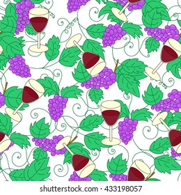 Seamless pattern with grapes and wine glass. Wine festival background. Vector illustration.