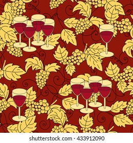Seamless pattern with grapes and wine glass. Wine festival background. Vector illustration.