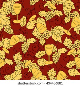 Seamless pattern with grapes and wine glass. Wine festival background. Vector illustration.
