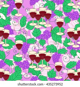 Seamless pattern with grapes and wine glass. Wine festival background. Vector illustration.