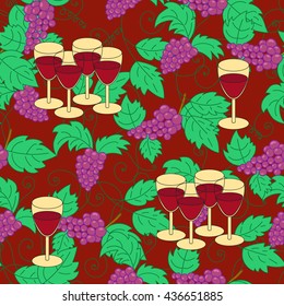 Seamless pattern with grapes and wine glass. Wine festival background. Vector illustration.