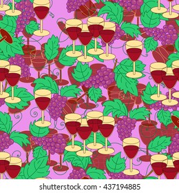 Seamless pattern with grapes and wine glass. Wine festival background. Vector illustration.