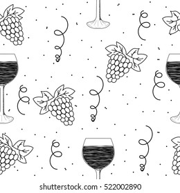 Seamless pattern with grapes and wine glass. Wine festival background. Hand draw illustration.