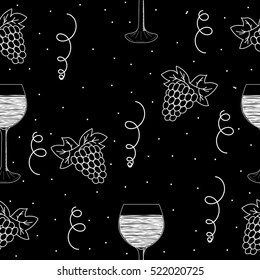 Seamless pattern with grapes and wine glass. Wine festival background. Hand draw illustration.