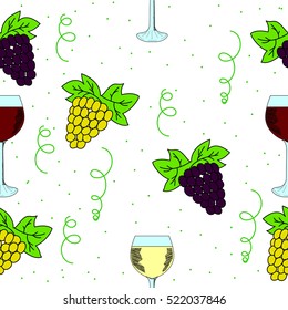 Seamless pattern with grapes and wine glass. Wine festival background. Hand draw illustration.