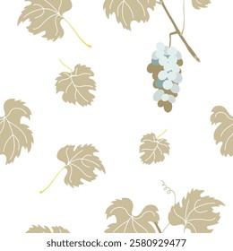 Seamless pattern with grapevine leaves and clusters of grapes on white. Grapevine leaves and red grape bunches in a seamless pattern. Flat style design on a white background.