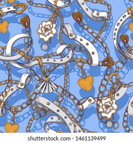 Seamless pattern with graphic belts and chains for textile design. Vector.