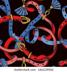 Seamless pattern with graphic belts and chains for textile design. Vector.