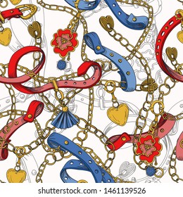Seamless pattern with graphic belts and chains for textile design. Vector.
