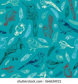Seamless pattern with graphic birds on blue background. Vector illustration with feathered race.