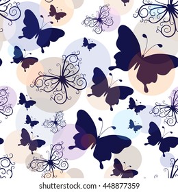 Seamless pattern with graphic black and lacy vintage butterflies with pastel colorful balls (vector eps10)
