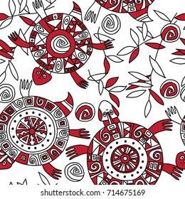 Seamless pattern with graphic black and red turtles.
