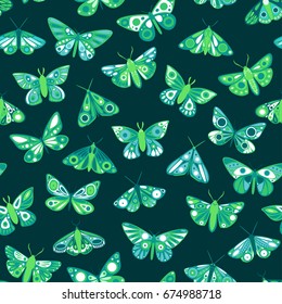 Seamless pattern of graphic butterflies in green tones.  Great for textile, postcards, background of packaging and any of your projects