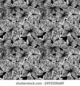 seamless pattern of graphic butterflies. Trendy animal motif wallpaper. Fashionable background for fabric, textile. hand drawing. Not AI.