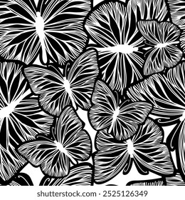 seamless pattern of graphic butterflies. Trendy animal motif wallpaper. Fashionable background for fabric, textile. hand drawing. Not AI. Vector illustration.